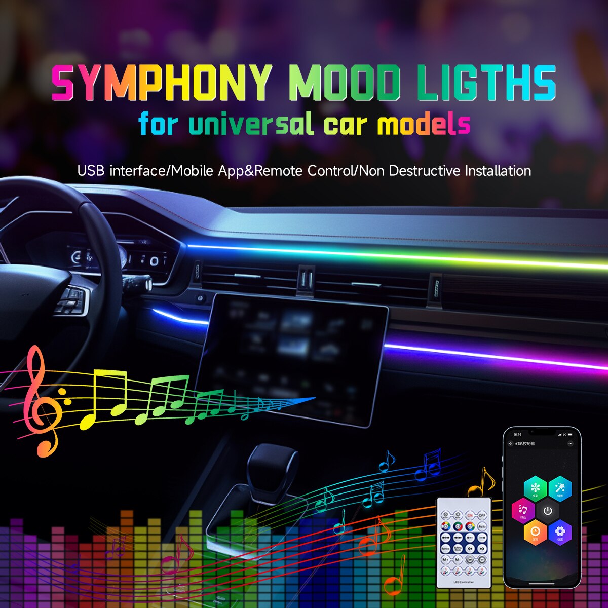 Auto USB 64 Kleuren Acrylstrip - Led Ambient Interior Car Lights App Control recensie en prijs